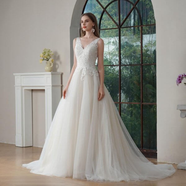 elegant a line wedding dress sleeveless v neck tull applique bridal dress 127247