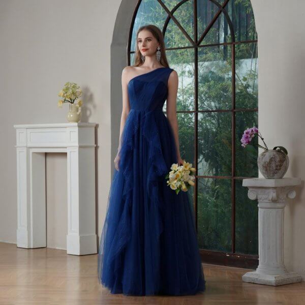 royal blue one shoulder tull sleeveless floor length a line bridesmaid dresses 1372