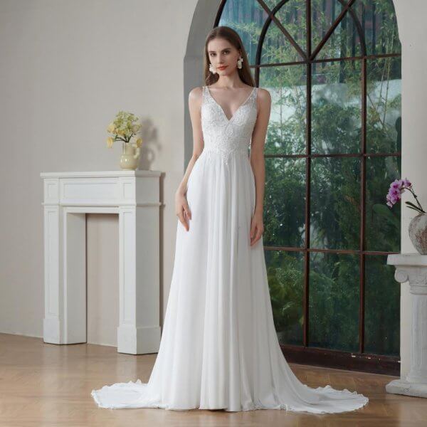 elegant a line wedding dress sleeveless v neck tull applique bridal dress 186375
