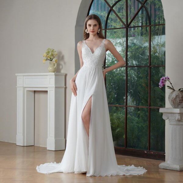 elegant a line wedding dress sleeveless v neck tull applique bridal dress 186375