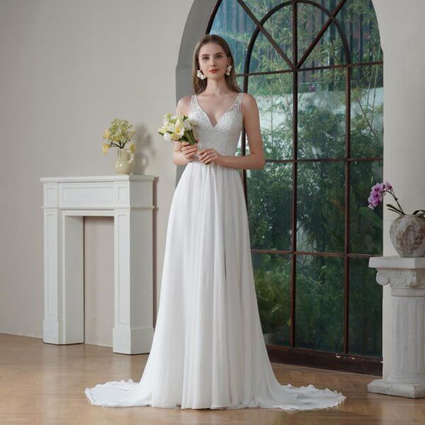 elegant a line wedding dress sleeveless v neck tull applique bridal dress 186375