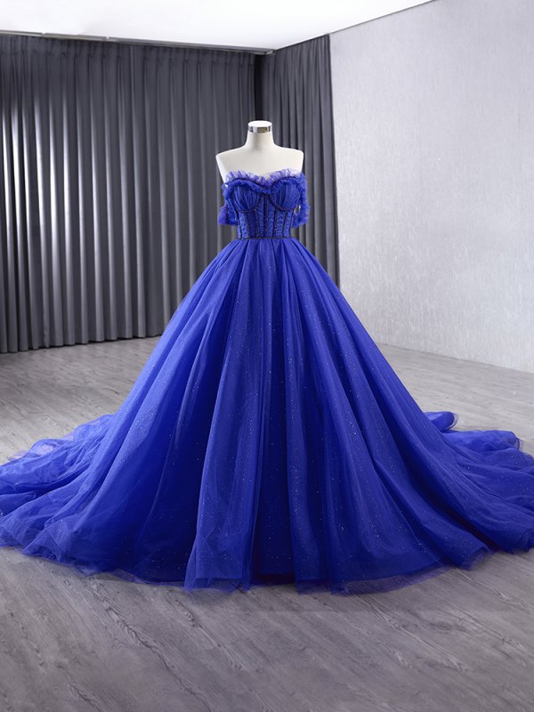 luxury model royal blue sleeveless pleats long formal party dress 231032
