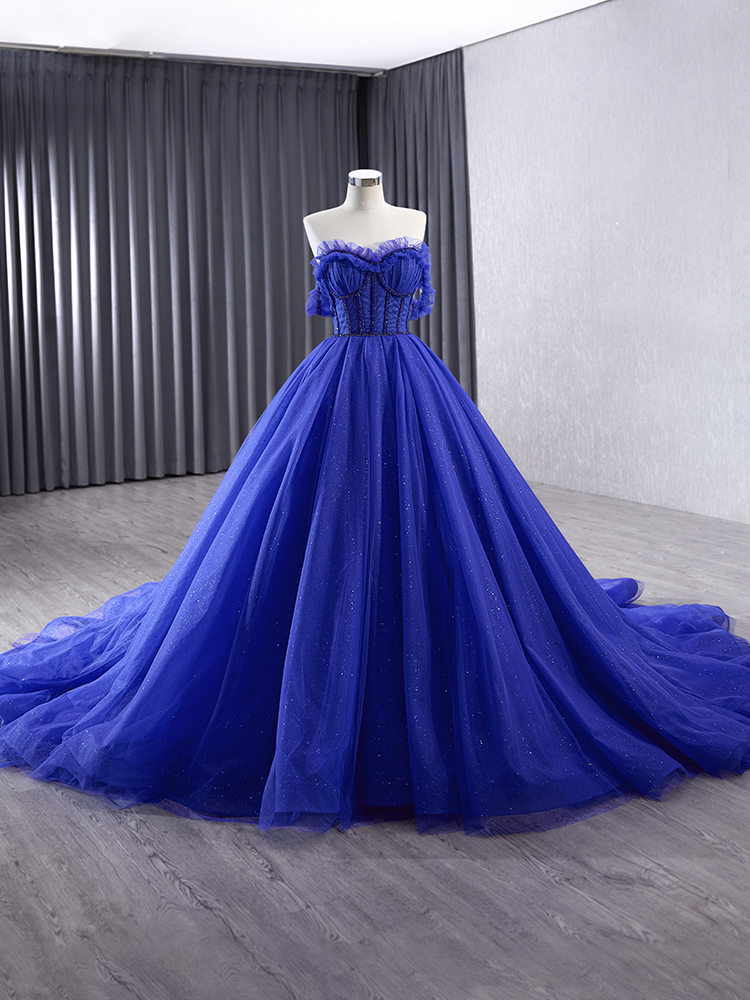 luxury model royal blue sleeveless pleats long formal party dress 231032