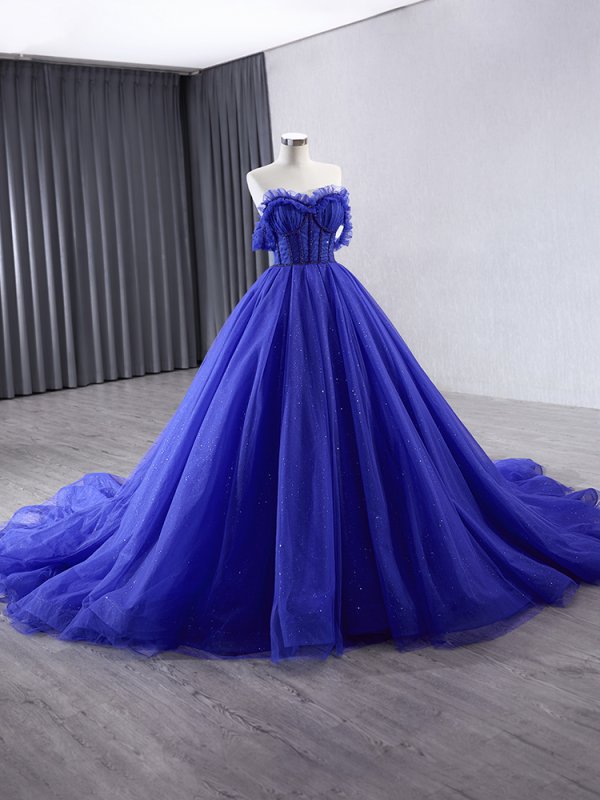 luxury model royal blue sleeveless pleats long formal party dress 231032