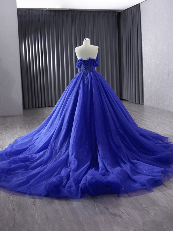 luxury model royal blue sleeveless pleats long formal party dress 231032