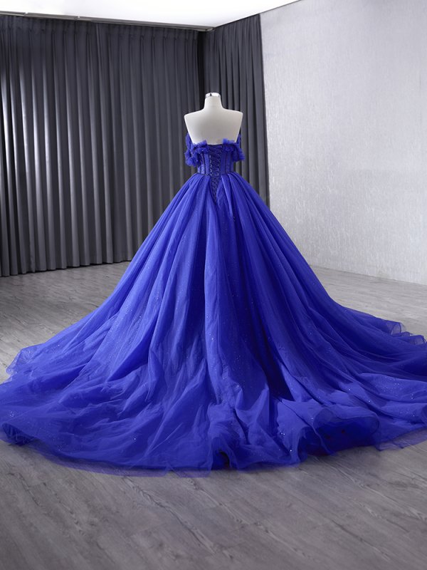 luxury model royal blue sleeveless pleats long formal party dress 231032