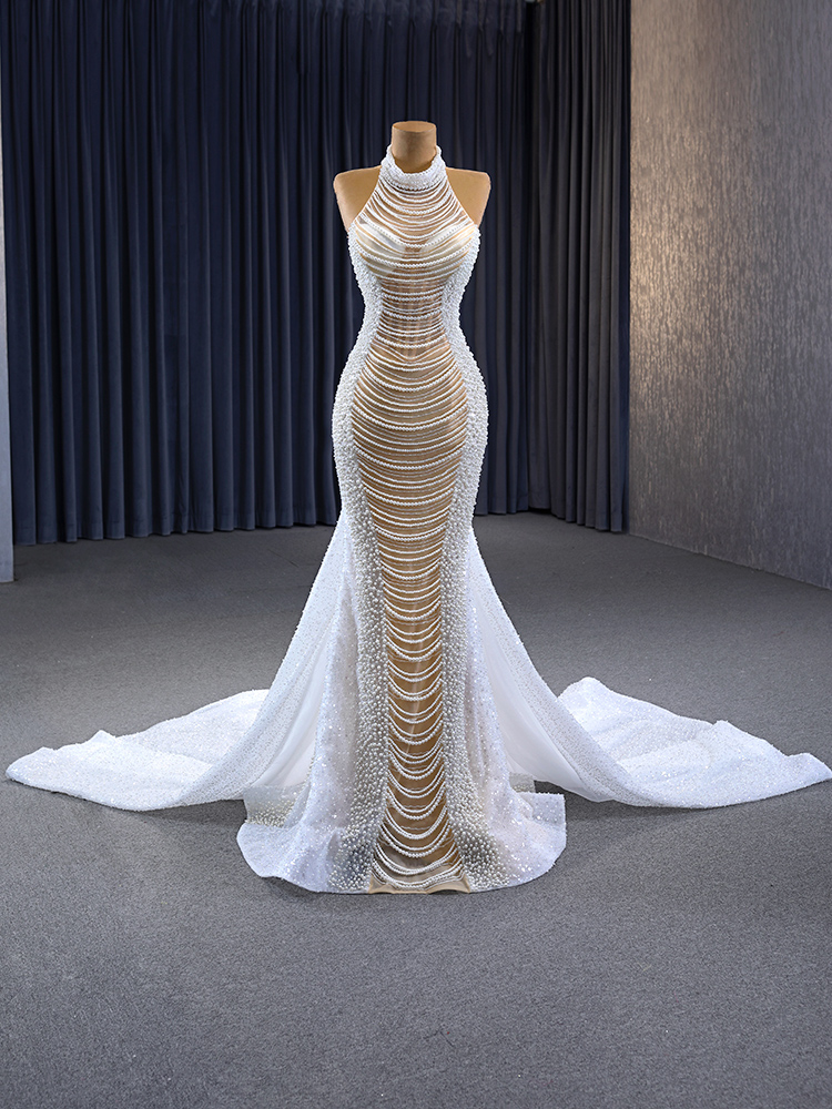 luxury model halter neck sleeveless pearls tassles mermaid wedding dress 67375 (复制)