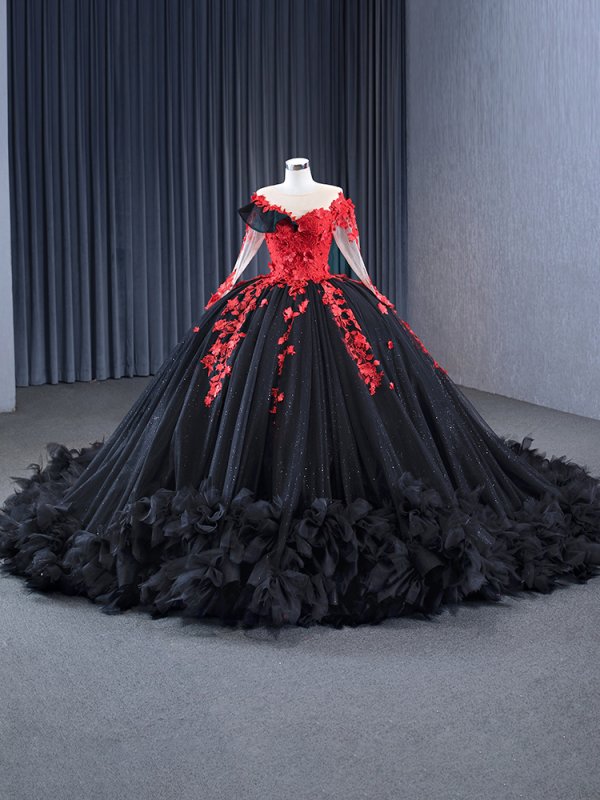 luxury model black long sleeve ball gown prom dress quinceanera dress 231103