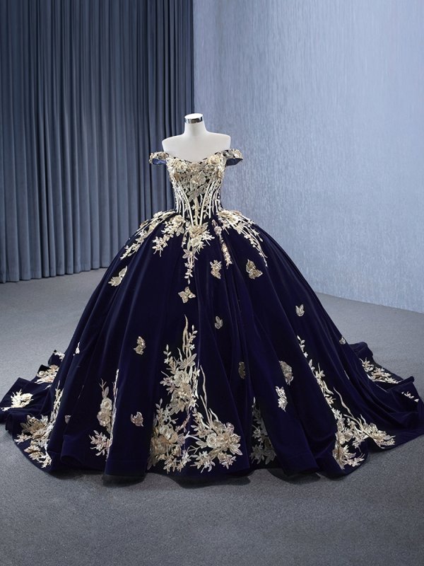 luxury model blue velvet off the shoulder sleeveless ball gown prom dress quinceanera dress 231131
