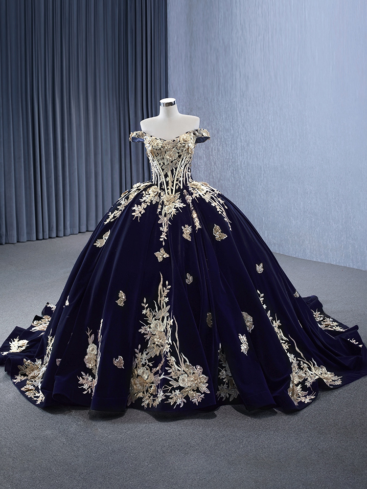 luxury model blue velvet off the shoulder sleeveless ball gown prom dress quinceanera dress 231131