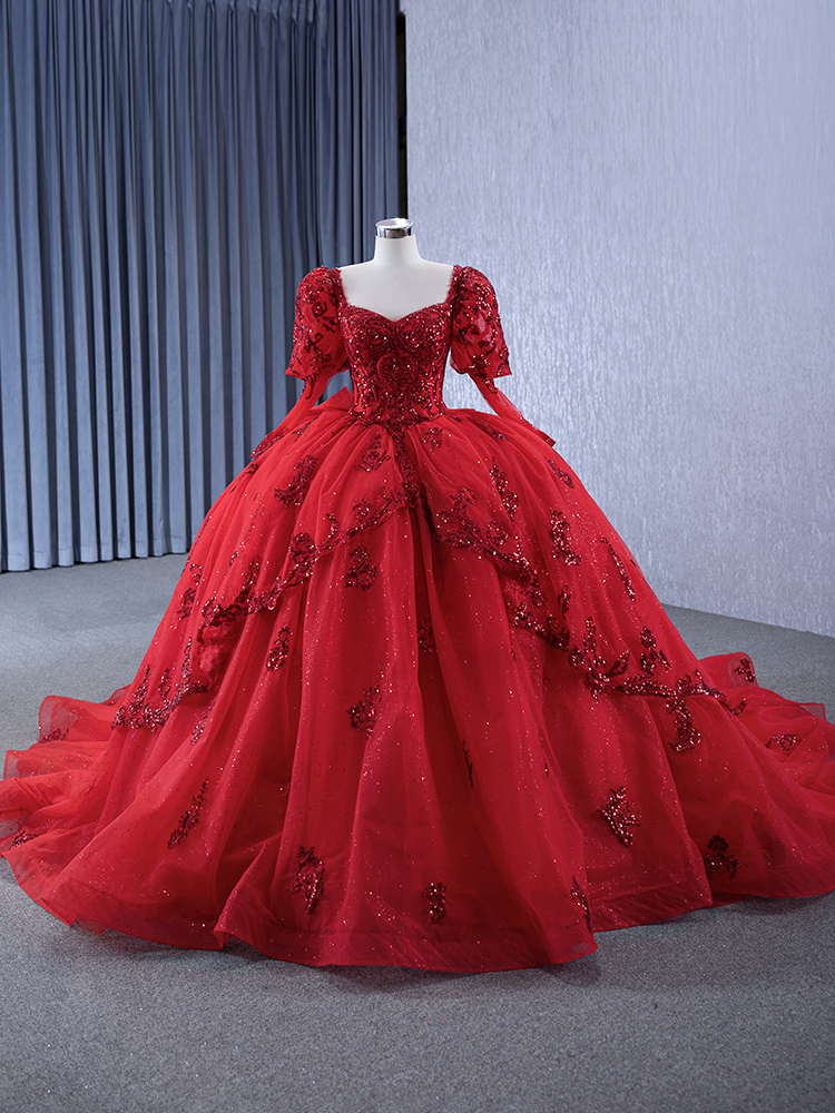 luxury model red sweetheart neck applique long sleeve quinceanera dress 231134