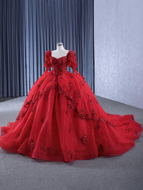 luxury model red sweetheart neck applique long sleeve quinceanera dress 231134