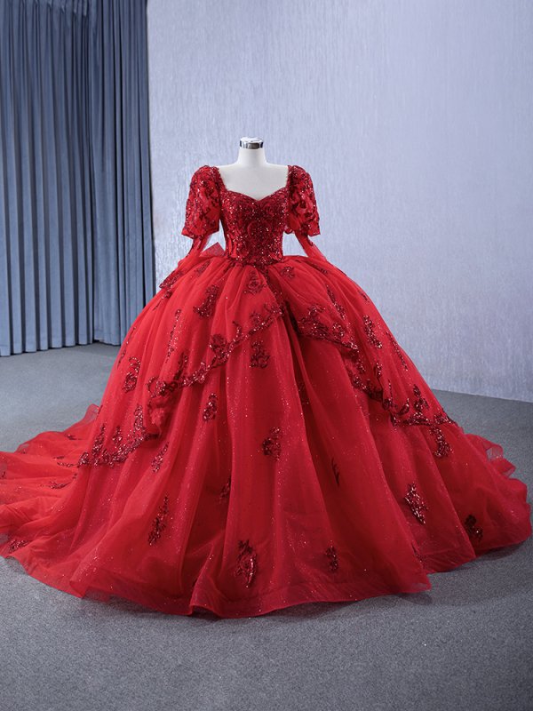 luxury model red sweetheart neck applique long sleeve quinceanera dress 231134