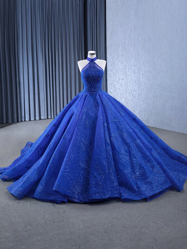 luxury model royal blue halter neck pleats beading prom dress quinceanera dress 241145 (复制)
