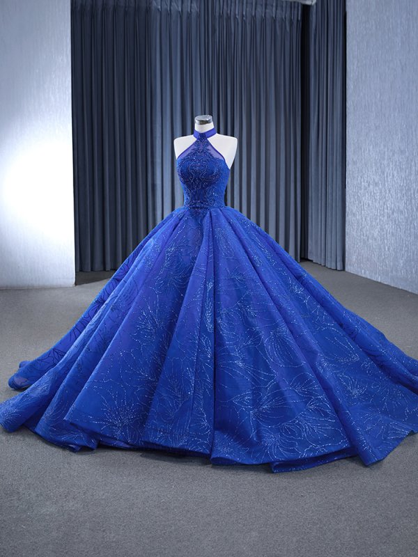 luxury model royal blue halter neck pleats beading prom dress quinceanera dress 241144