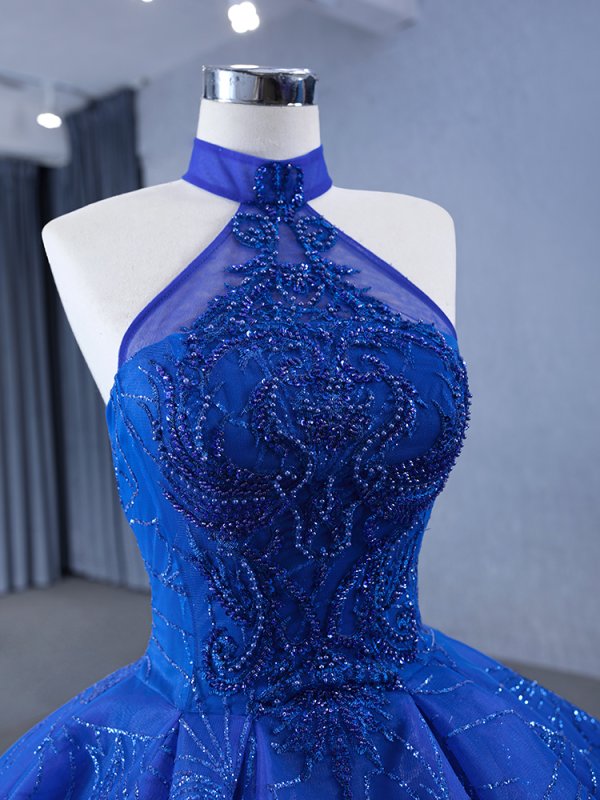 luxury model royal blue halter neck pleats beading prom dress quinceanera dress 241144