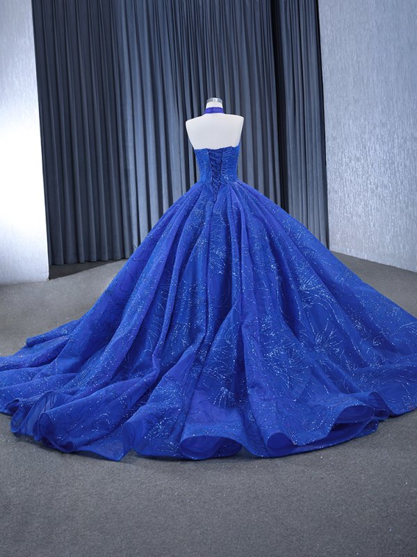 luxury model royal blue halter neck pleats beading prom dress quinceanera dress 241144