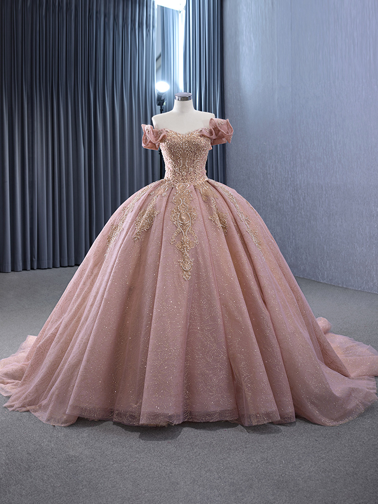 luxury model pink off the shoulder pleats ball gown prom dress quinceanera dress 241145