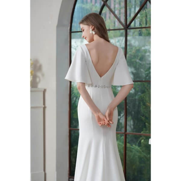 elegant ruffles mermaid wedding dress scoop neck stain belt bridal dress 235603