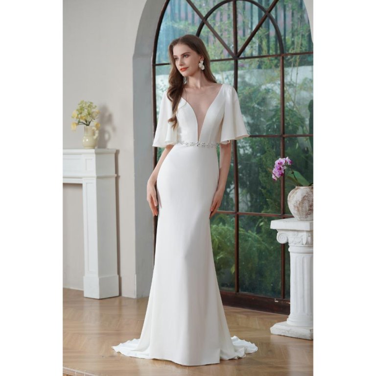elegant ruffles mermaid wedding dress scoop neck stain belt bridal dress 235603