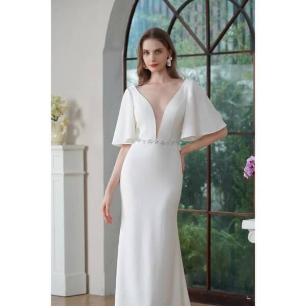 elegant ruffles mermaid wedding dress scoop neck stain belt bridal dress 235603