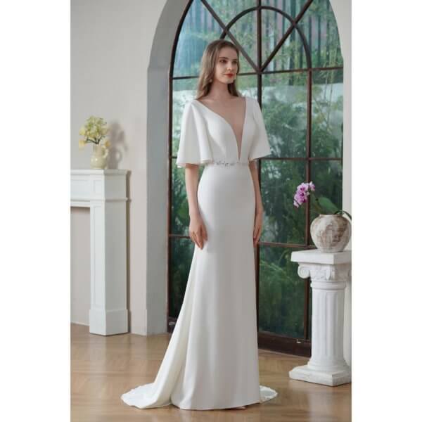 elegant ruffles mermaid wedding dress scoop neck stain belt bridal dress 235603