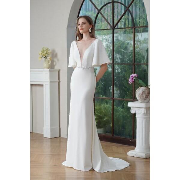 elegant ruffles mermaid wedding dress scoop neck stain belt bridal dress 235603
