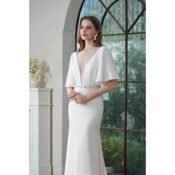 elegant ruffles mermaid wedding dress scoop neck stain belt bridal dress 235603