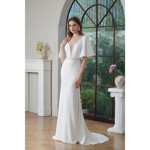 elegant ruffles mermaid wedding dress scoop neck stain belt bridal dress 235603