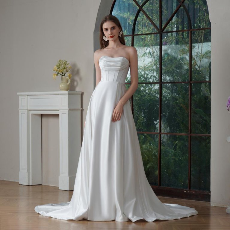 elegant a line long wedding dress betaue neck stain pleat bridal dress 240013