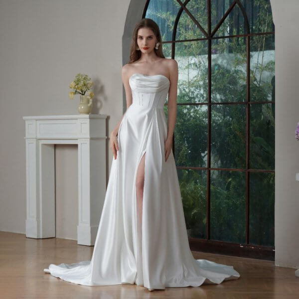 elegant a line long wedding dress betaue neck stain pleat bridal dress 240013