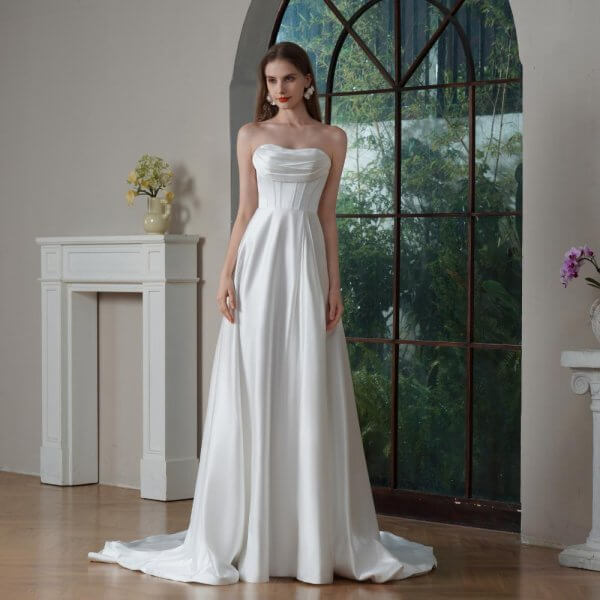 elegant a line long wedding dress betaue neck stain pleat bridal dress 240013