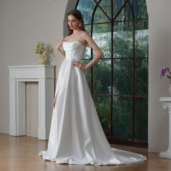elegant a line long wedding dress betaue neck stain pleat bridal dress 240013