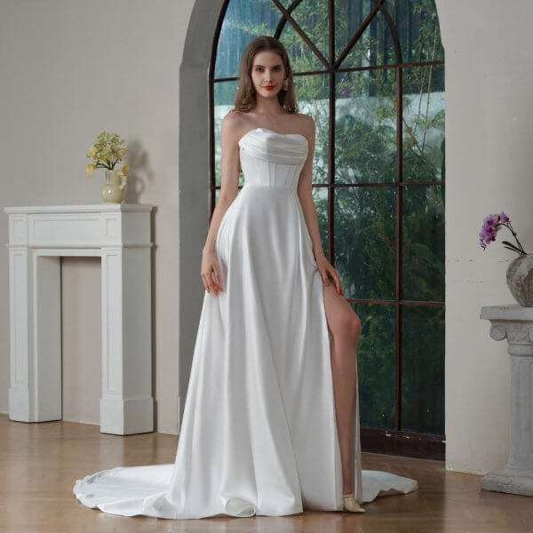 elegant a line long wedding dress betaue neck stain pleat bridal dress 240013