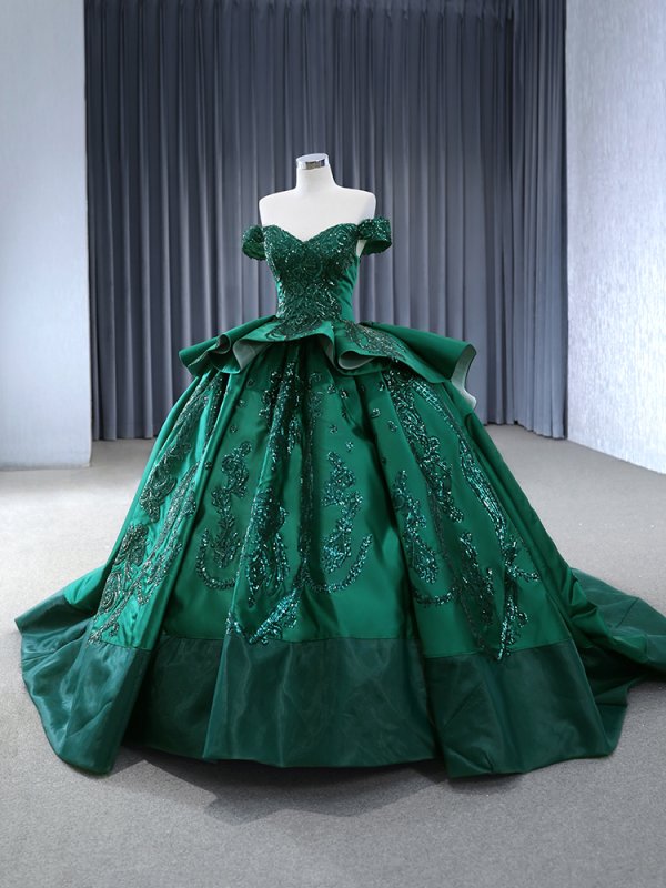 luxury model green tiered off the shoudler applique ball gown quinceanera dress 241018