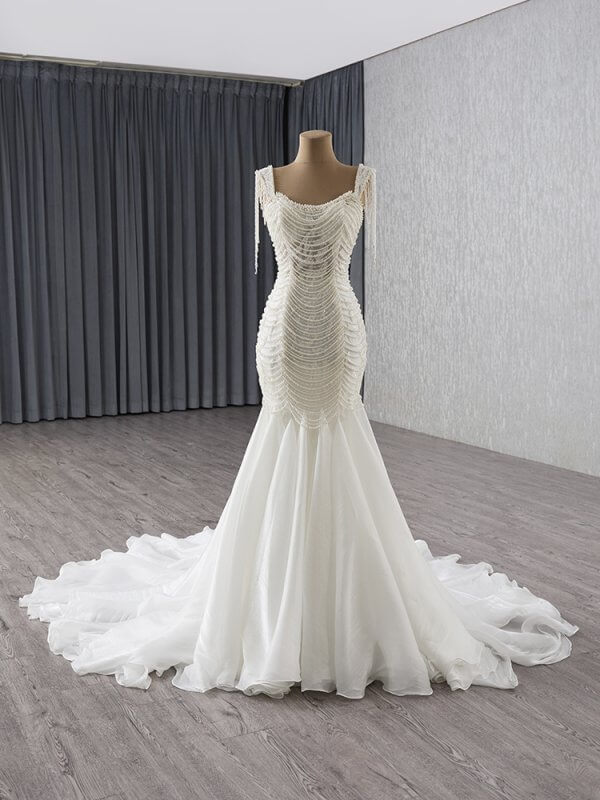 luxury model scoop neck sleeveless tassles pearls mermaid wedding dress 241138
