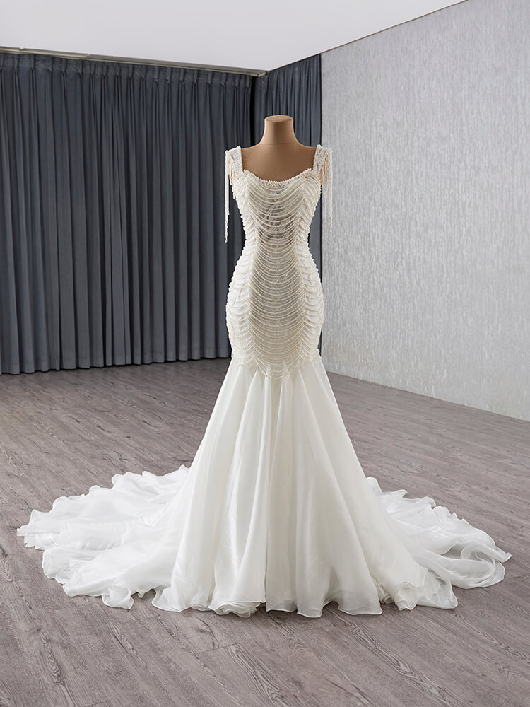 luxury model scoop neck sleeveless tassles pearls mermaid wedding dress 241138