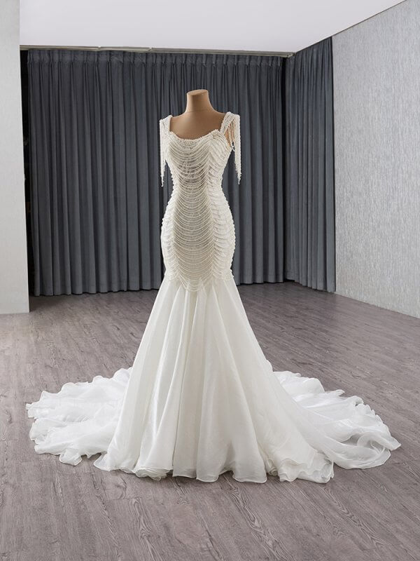 luxury model scoop neck sleeveless tassles pearls mermaid wedding dress 241138