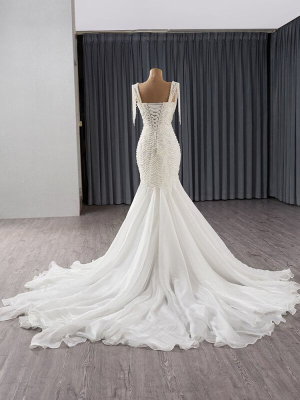 luxury model scoop neck sleeveless tassles pearls mermaid wedding dress 241138