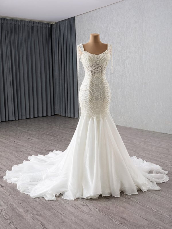 luxury model scoop neck sleeveless tassles pearls mermaid wedding dress 241138