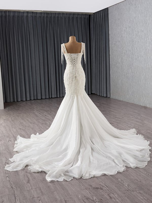 luxury model scoop neck sleeveless tassles pearls mermaid wedding dress 241138
