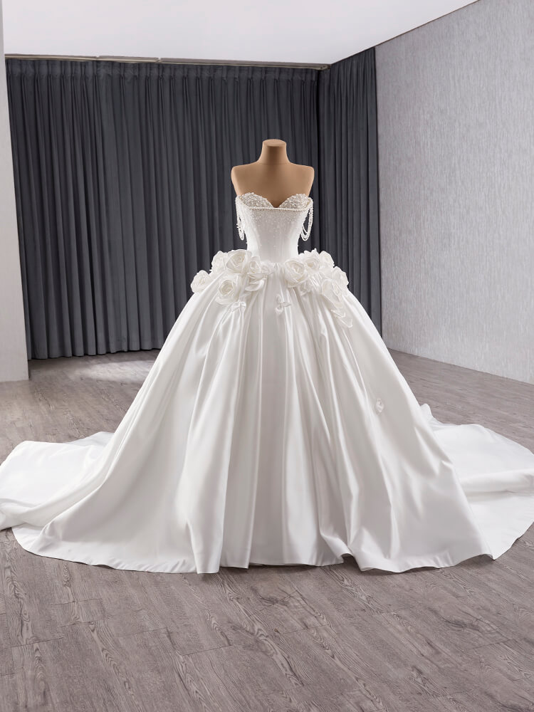 luxury model sweetheart neck sleeveless 3d flower stain ball gown wedding dress 241140