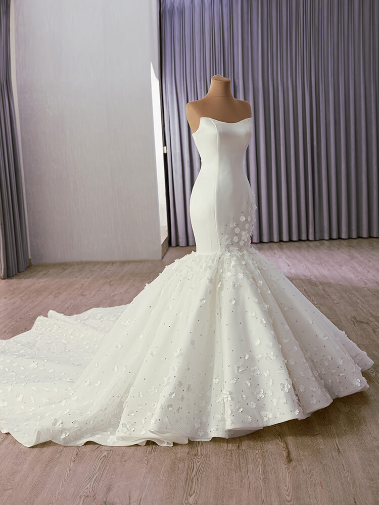 luxury model sweetheart neck sleeveless flower stain mermaid wedding dress 241141