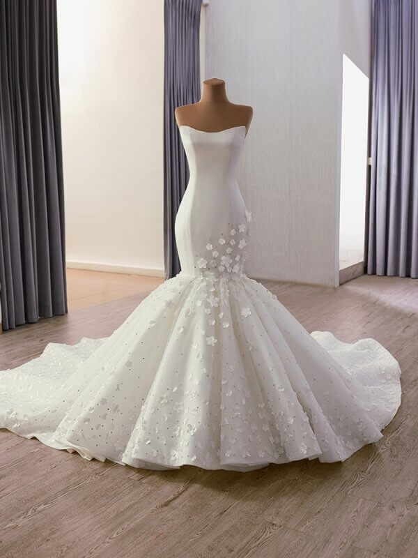 luxury model sweetheart neck sleeveless flower stain mermaid wedding dress 241141