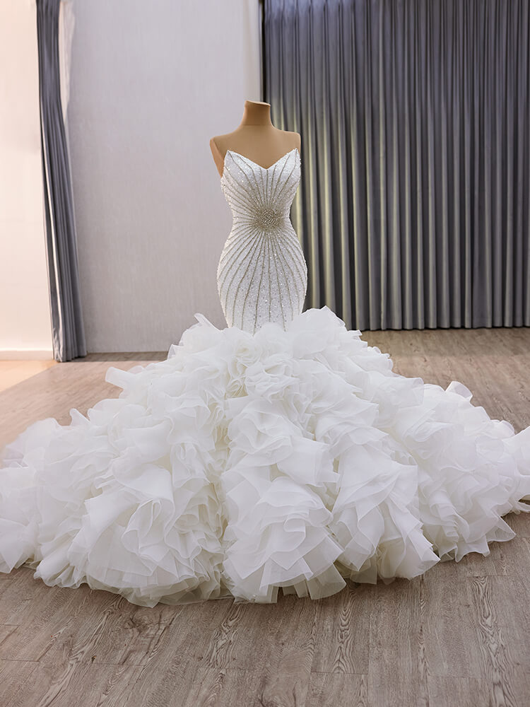 luxury model sweetheart neck sleeveless long tull mermaid wedding dress 241145
