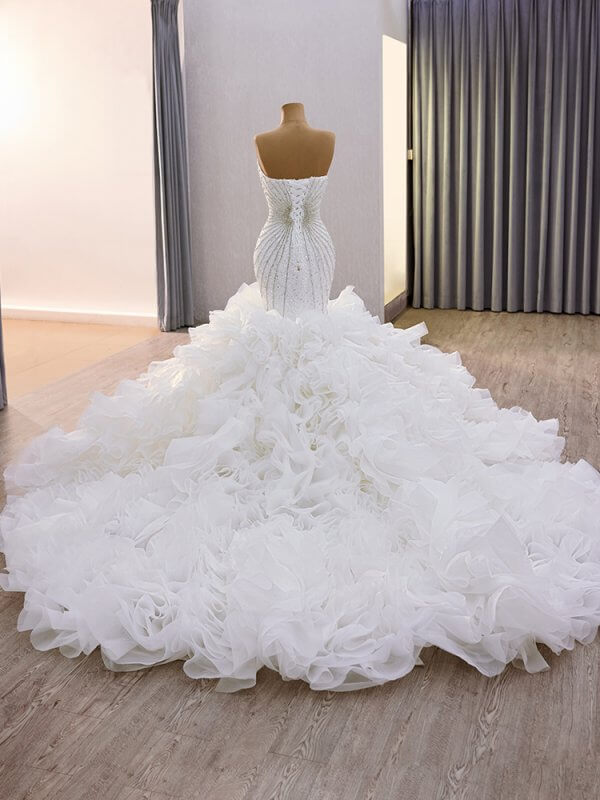 luxury model sweetheart neck sleeveless long tull mermaid wedding dress 241145