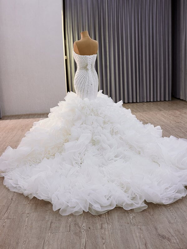 luxury model sweetheart neck sleeveless long tull mermaid wedding dress 241145
