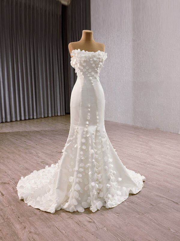 luxury model ruffles sleeve flower long sweep strain mermaid wedding dress 241150