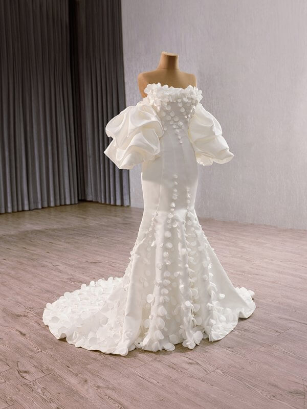 luxury model ruffles sleeve flower long sweep strain mermaid wedding dress 241150