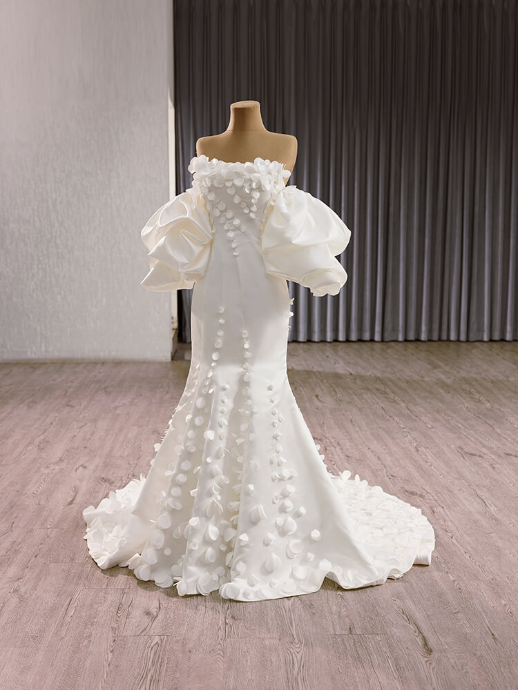 luxury model ruffles sleeve flower long sweep strain mermaid wedding dress 241150
